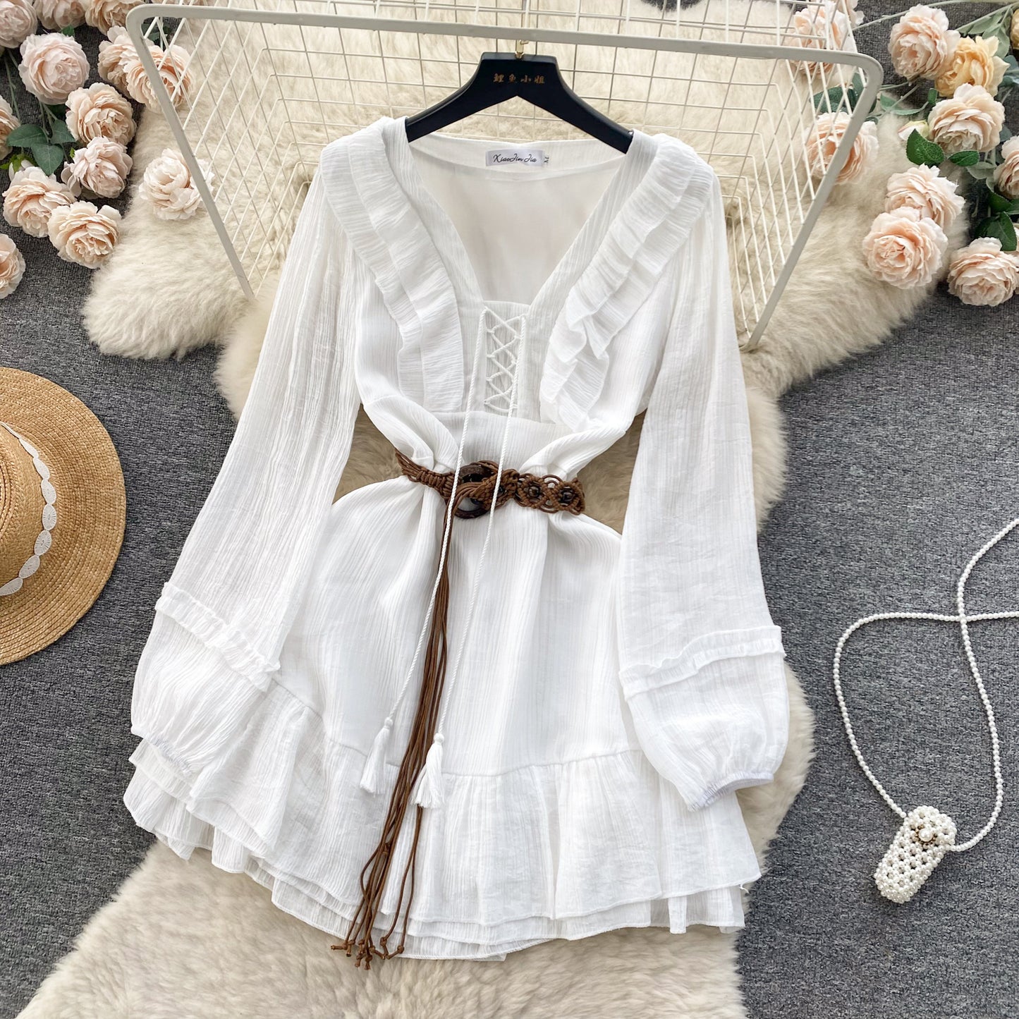 Vintage A line V Neckline Long Sleeves White Holiday Dresses Women's Dress SD1290