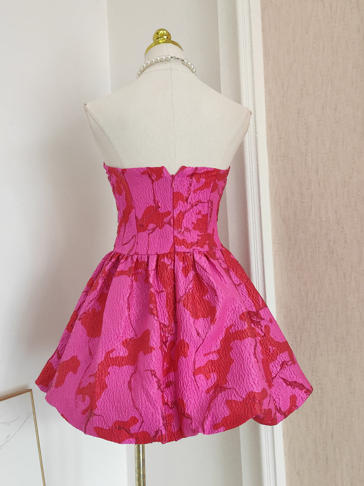 Sexy A line Strapless Satin Pink Floral Vacation Dresses Short Birthday Dress SD1260