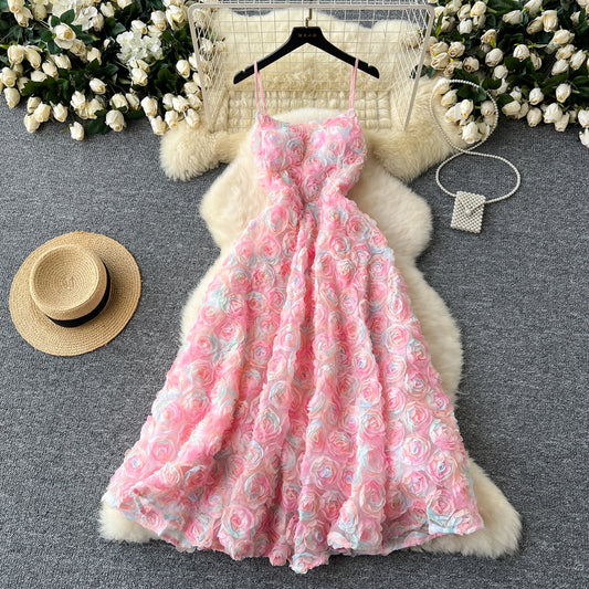 Cute A line Spaghetti Straps Pink Floral Holiday Dresses Midi Length Women's Dress SD1274