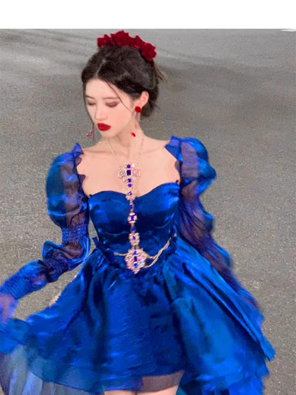 Sexy French High Low Sweetheart Christmas Dress Royal Blue Birthday Dresses Birthday Outfits SD1147