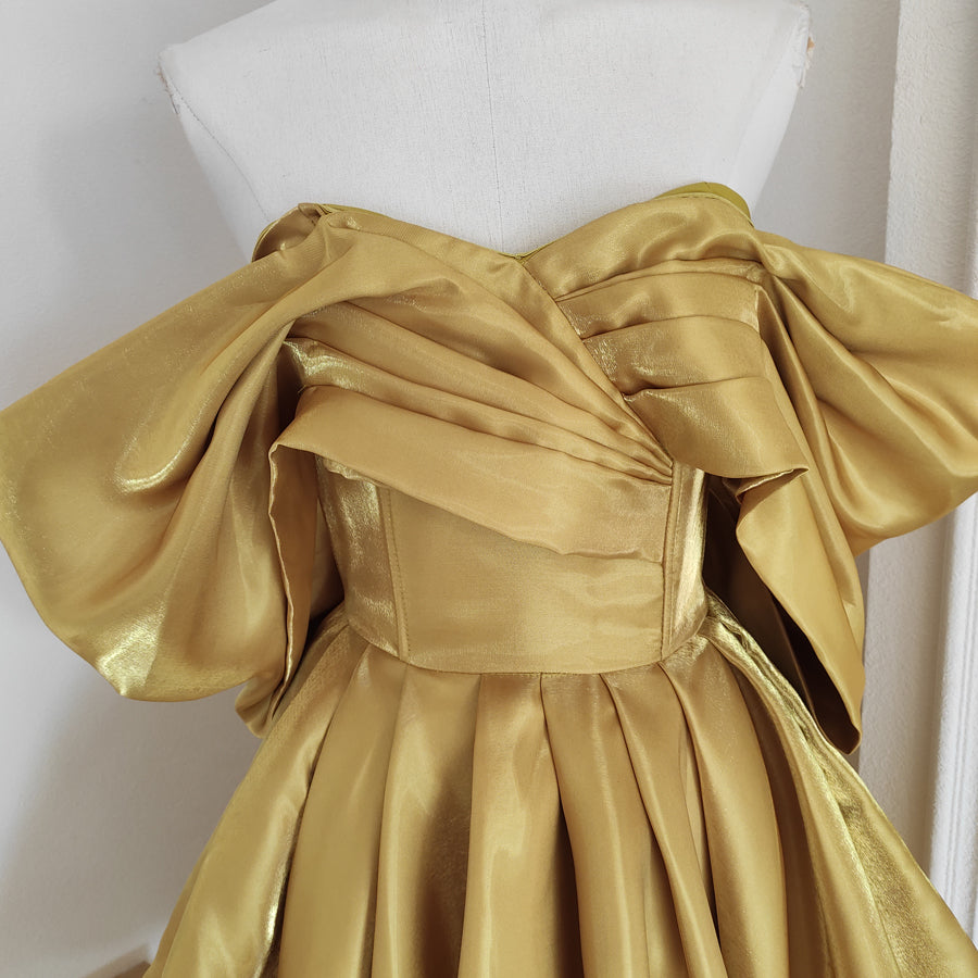 Sexy A line Off The Shoulder Yellow Satin Travel Vacation Dresses Short Birthday Dress SD1249