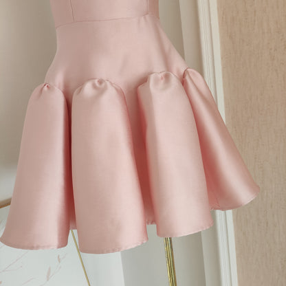 Cute A line Strapless Pink Satin Travel Vacation Dresses Short Birthday Dress SD1247