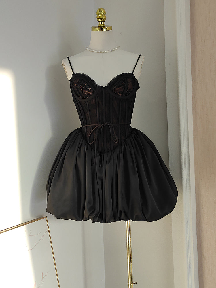 Sexy Ball Gown Spaghetti Straps Black Lace Travel Vacation Dresses Short Satin Birthday Dress SD1244