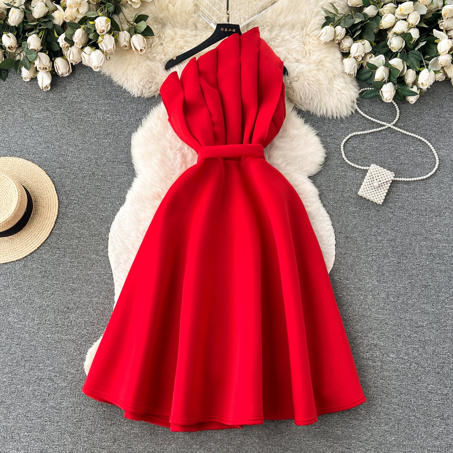 Simple A line One Shoulder Ruffles Holiday Dresses Midi Length Women's Dress SD1277