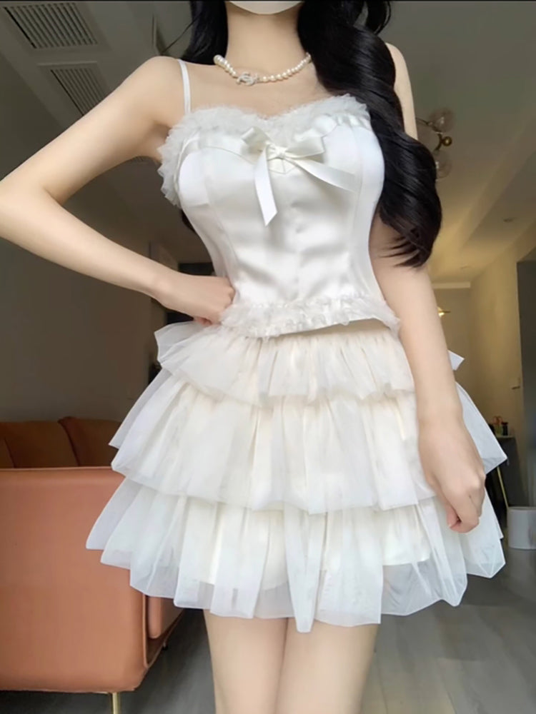 Chic 2 Pieces White Top and Bottom Skirt Tulle Party Dress Birthday Dresses Birthday Outfits SD1243