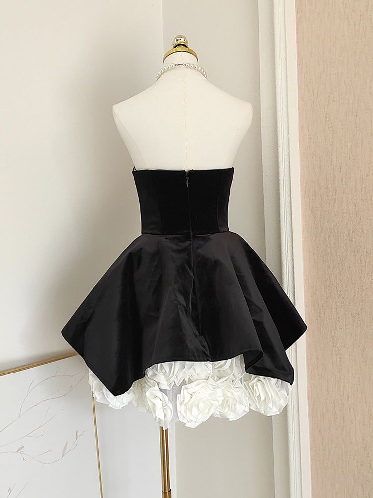 Sexy A line Strapless Velvet Black Holiday Dress Travel Vacation Dresses Short Birthday Dress SD1257