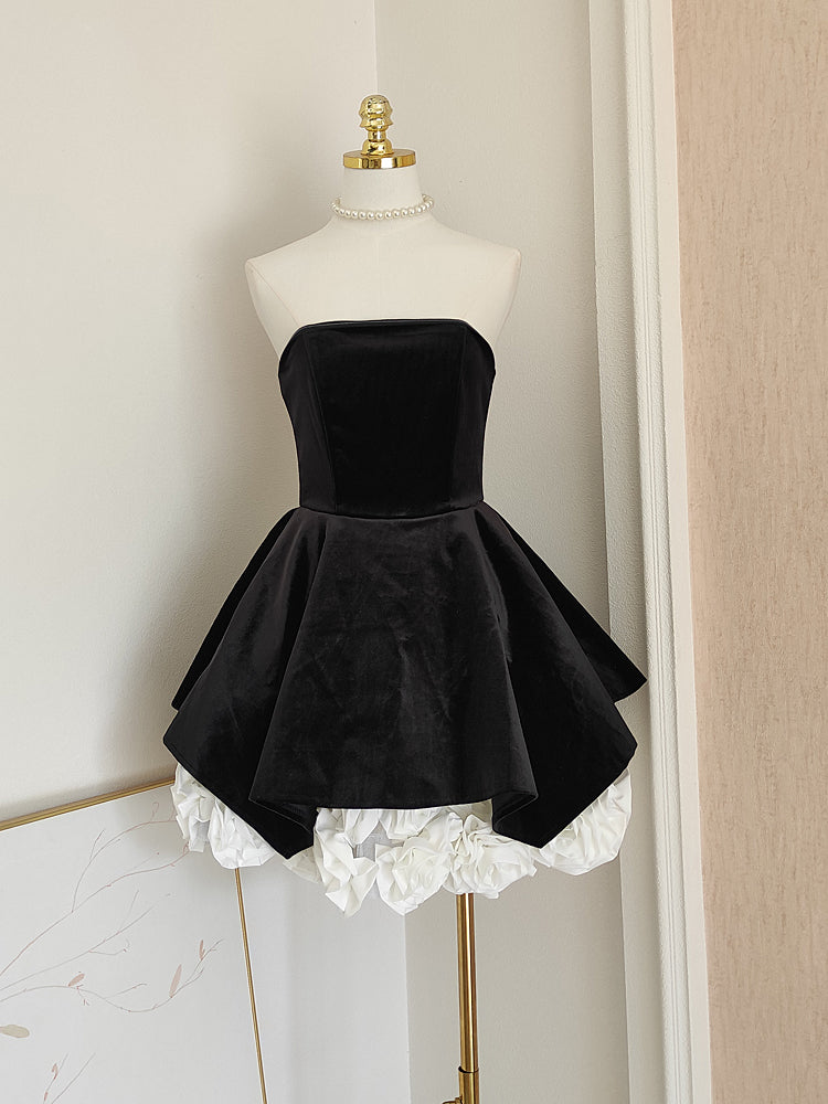 Sexy A line Strapless Velvet Black Holiday Dress Travel Vacation Dresses Short Birthday Dress SD1257