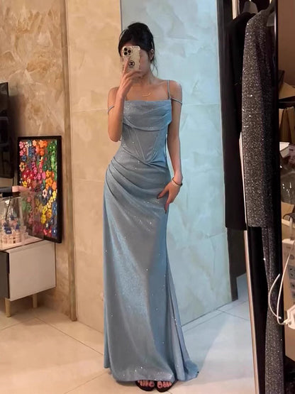 Retro Mermaid Spaghetti Straps Blue Sequin Prom Dresses Birthday Outfits With Ruffle SD1139