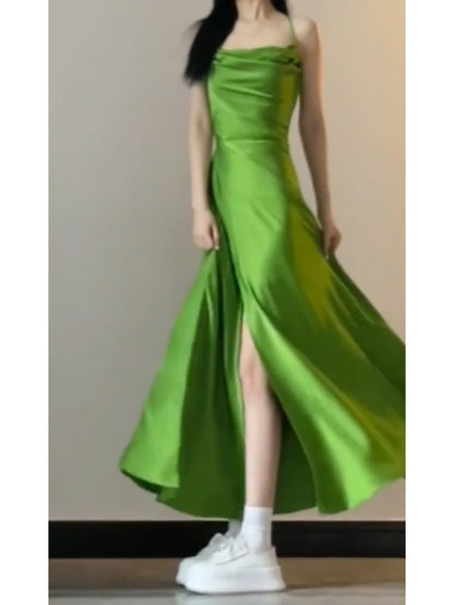 Sexy A line Spaghetti Straps Green Holiday Dress Satin Birthday Dresses Birthday Outfits SD1293