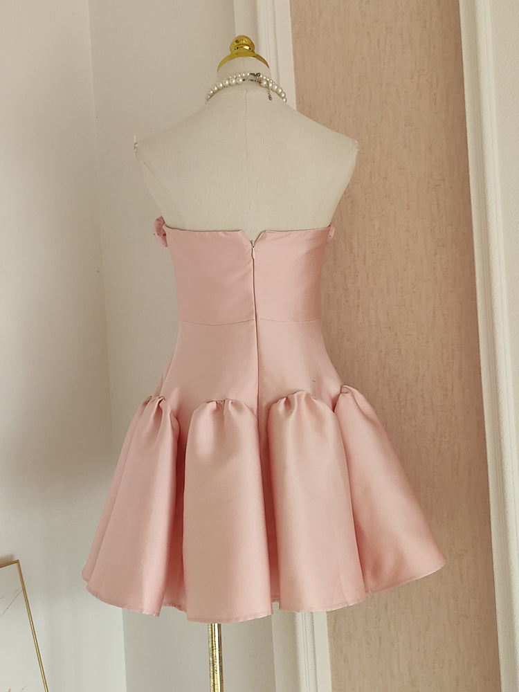 Cute A line Strapless Pink Satin Travel Vacation Dresses Short Birthday Dress SD1247