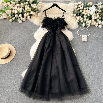 Chic A line Spaghetti Straps Black Tulle Holiday Dresses Feather Women's Dress SD1270