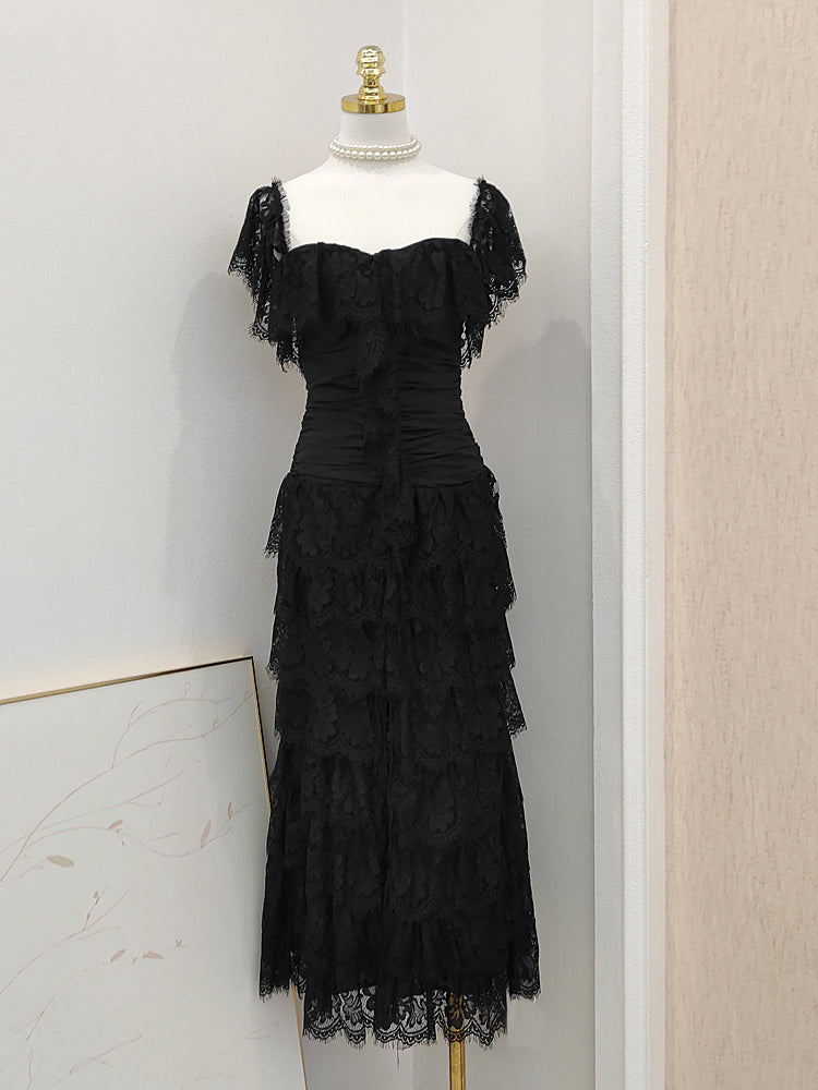 Simple Sheath Square Neckline Lace Black Holiday Dress Birthday Dresses Birthday Outfits SD1246