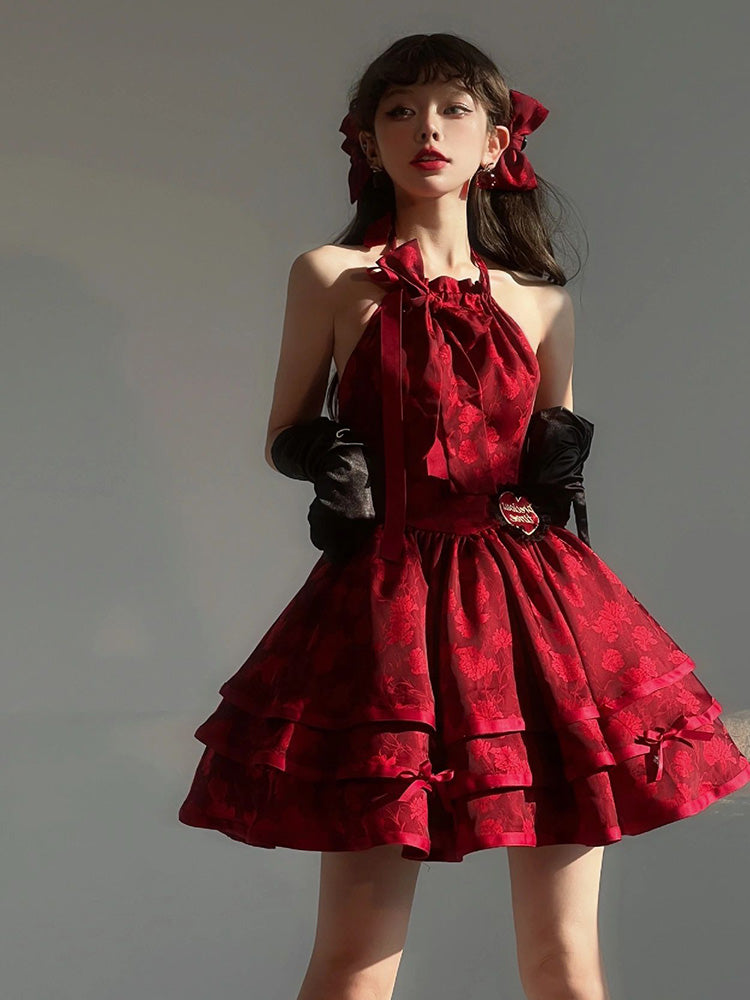 Ball Gown Halter Dark Red Christmas Dress Birthday Dresses Birthday Outfits SD1126