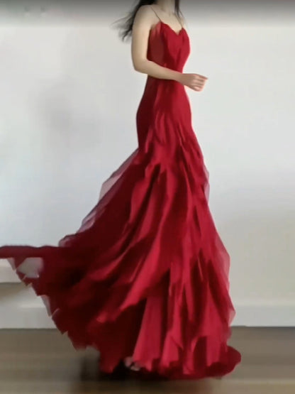 Sexy Mermaid Spaghetti Straps Red Chiffon Ruffles Birthday Dresses Long Prom Dress SD1160