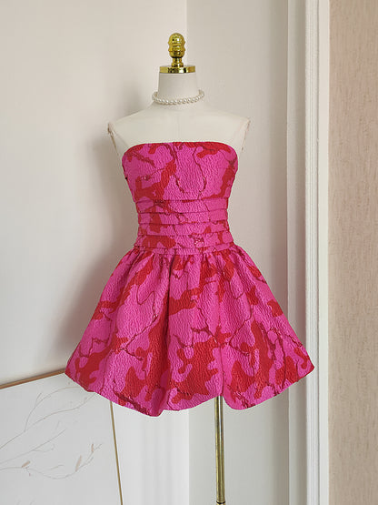 Sexy A line Strapless Satin Pink Floral Vacation Dresses Short Birthday Dress SD1260