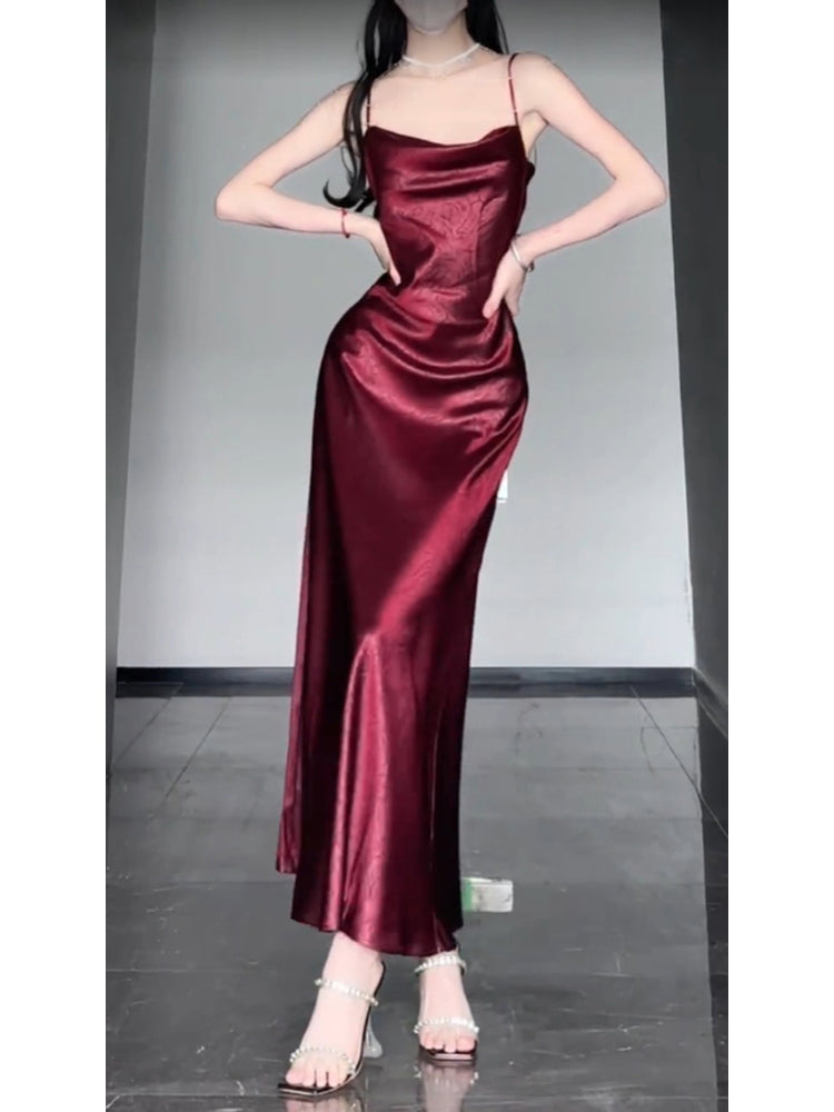 Chic Sheath Spaghetti Straps Christmas Dress Burgundy Prom Dresses Birthday Outfits SD1167