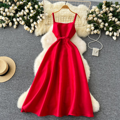 Simple A line Straps Red Holiday Dresses Midi Length Women's Dress SD1271