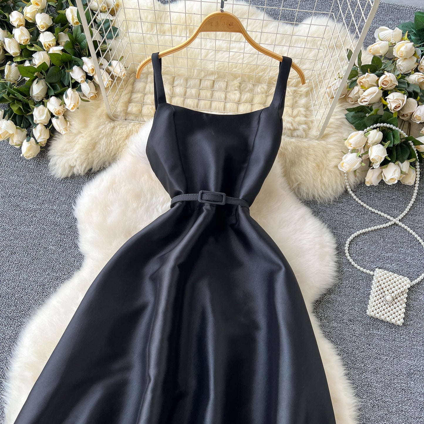 Simple A line Straps Black Satin Holiday Dresses Midi Length Women's Dress SD1272