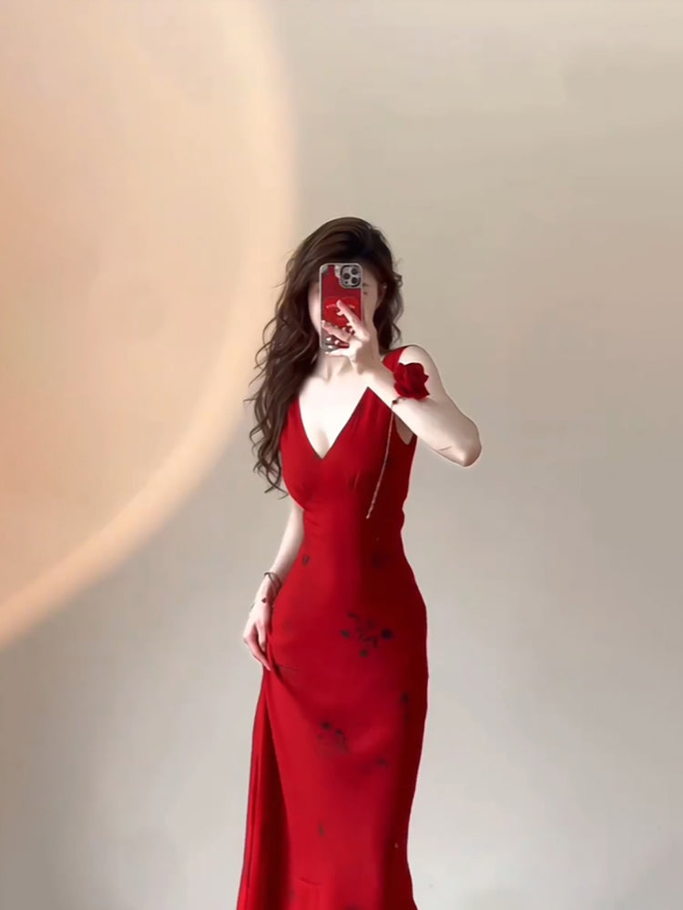 Sexy Mermaid V Neckline Christmas Dress Red Satin Prom Dresses Birthday Outfits SD1170