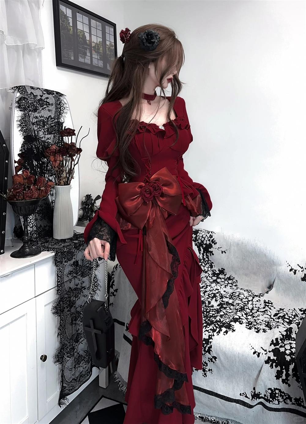 Princess Mermaid Sweetheart Lolita Dress Christmas Dress Burgundy Birthday Dresses SD1131