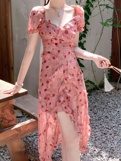 Cute Sheath V Neckline Ruffled Pink Chiffon Floral Beach Dress Women's Vacation Dresses SD1138