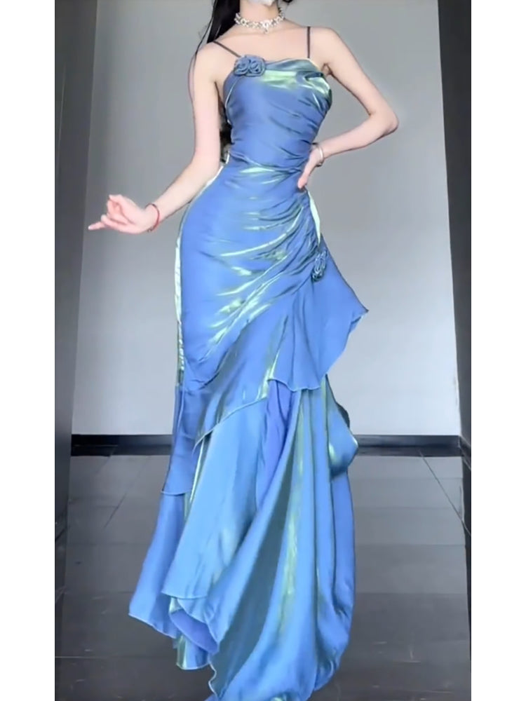 Chic Mermaid Spaghetti Straps Blue Long Prom Dress Birthday Dresses Birthday Outfits SD1165