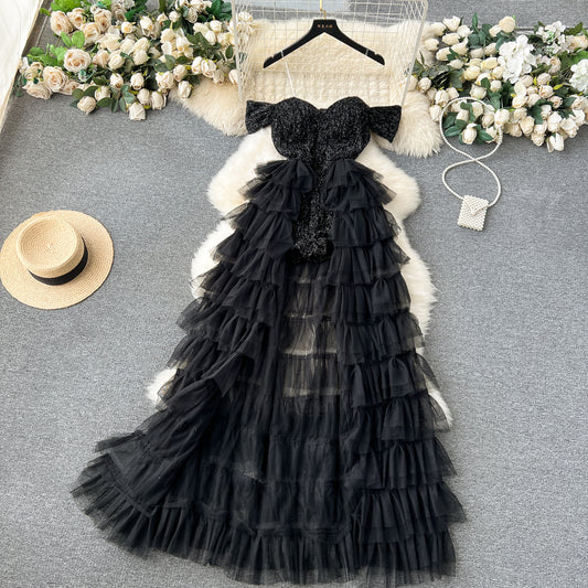 Chic A line Off The Shoulder Tulle Short Sleeves Black Tulle Holiday Dresses Ruffles Women Dress SD1269