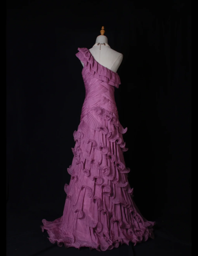 Fairy One Shoulder Purple Chiffon Pleated Ruffles Layered Mermaid Prom Dress Formal Birthday Cake Dress D2272