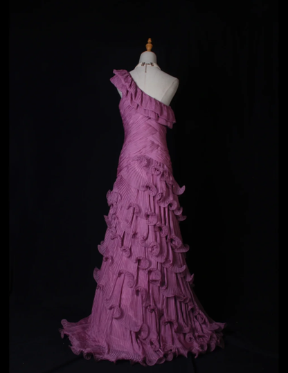 Fairy One Shoulder Purple Chiffon Pleated Ruffles Layered Mermaid Prom Dress Formal Birthday Cake Dress D2272