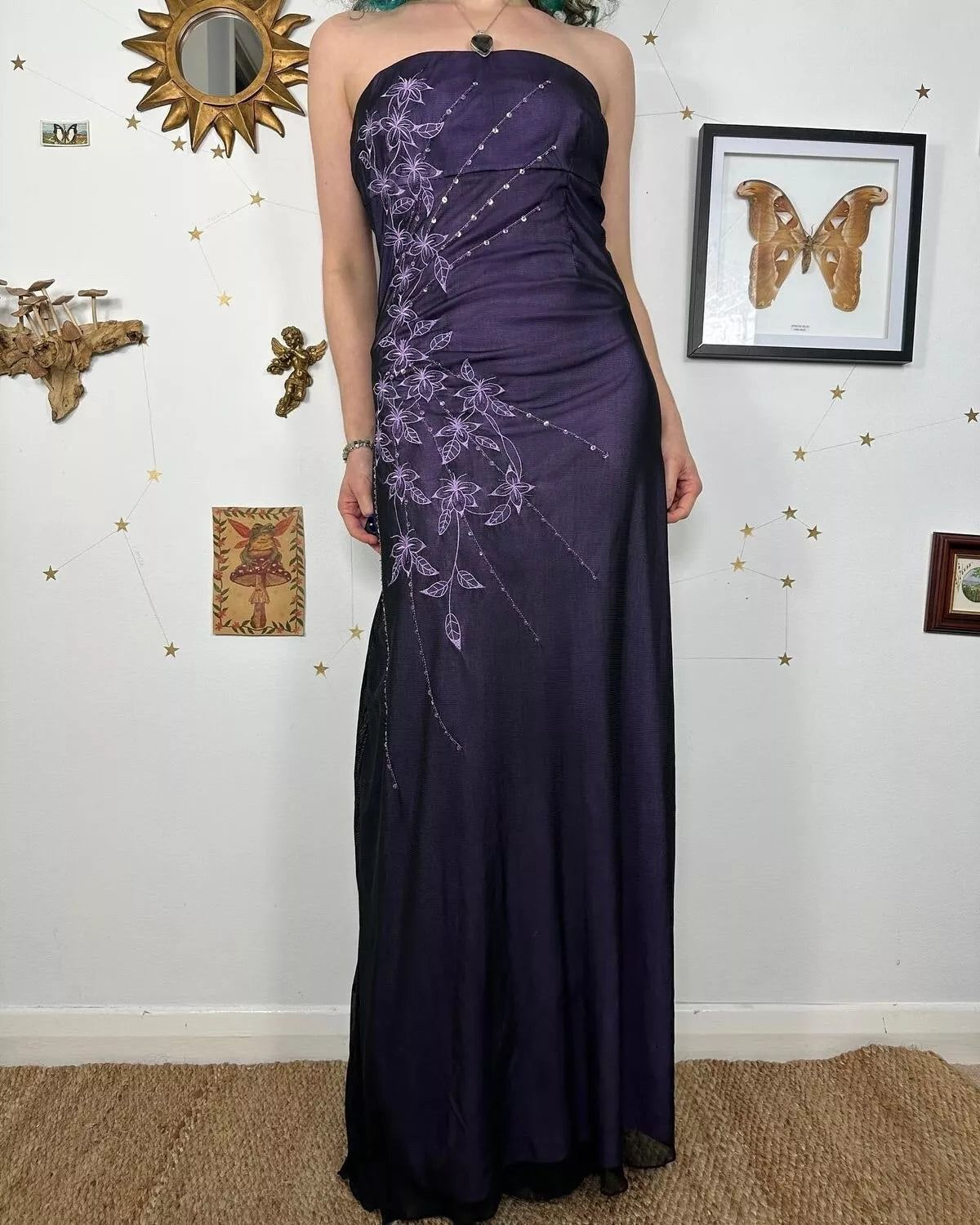 Vintage Strapless Purple Chiffon Satin Beaded Long Birthday Prom Dress Evening Gown D1599