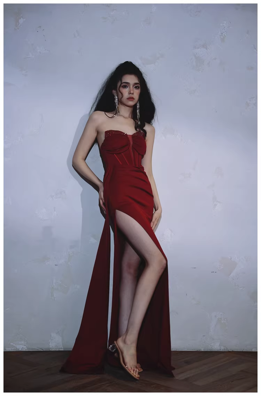 Sexy Burgundy Strapless Satin Pleated Slit Long Evening Dress Formal Wedding Guest Dress D2441