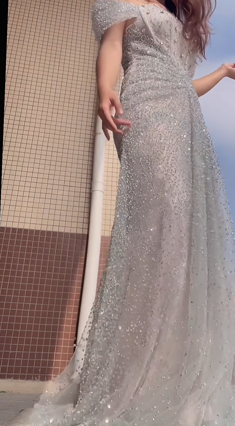 Sparkly Silver Tulle Sequin Beaded Mermaid Long Evening Dress Off The Shoulder Birthday Party Dress D2030
