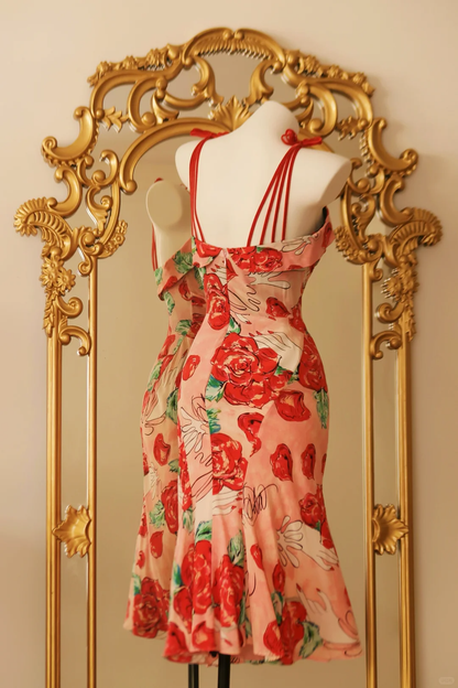 Beautiful Spaghetti Straps Rose Floral Chiffon Mermaid Knee Length Party Dress Birthday Prom Gown D2765