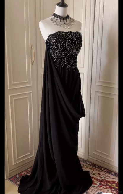 Stylish Black Strapless Chiffon Beaded Long Wedding Guest Dress,Formal Prom Dress Party Dress D3101