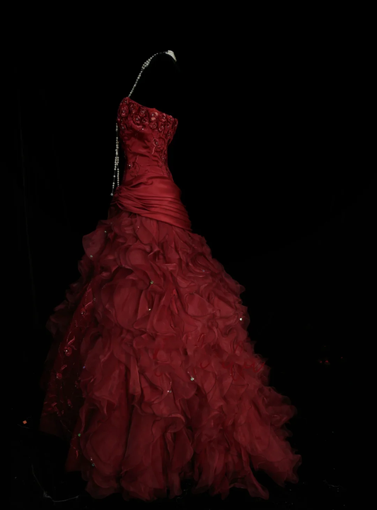 Ball Gown Strapless Burgundy Sleeveless With Applique Women's Dress Satin Long Quinceanera Dresses Sweet 16 Birthday Dresses D4262
