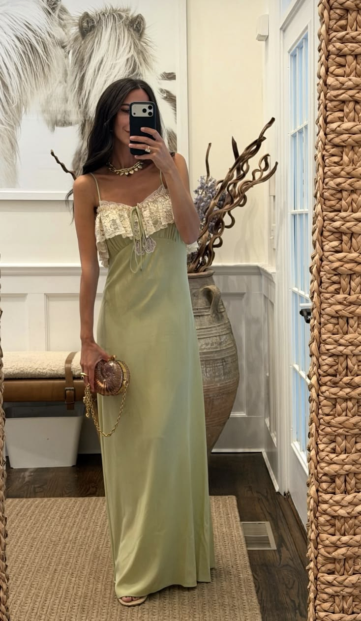 Classy Spaghetti Strap Light Green Satin Lace Long Evening Dress Party Gown D4616