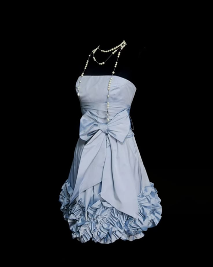 Sweet Strapless Satin Ruched Bow Short Party Dress,Blue Short Graduation Homecoming Dress D4226