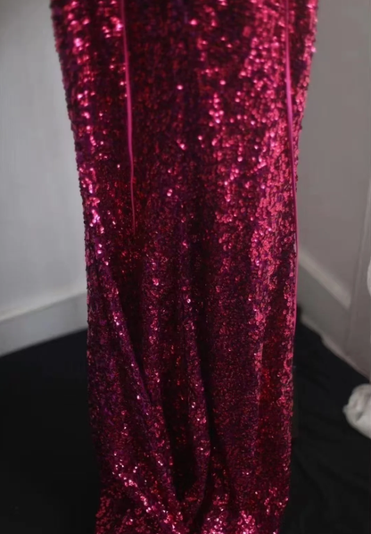 Sparkly Spaghetti Straps Hot Pink Sequin Mermaid Slit Evening Dress Long Wedding Guest Dress D2198