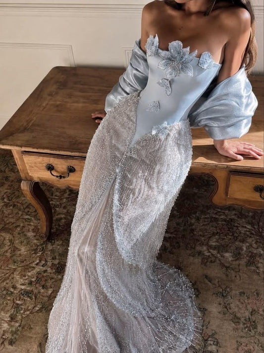 Glamorous Satin Tulle Beaded Mermaid Long Evening Dress Blue Strapless Long Birthday Party Dress D4417