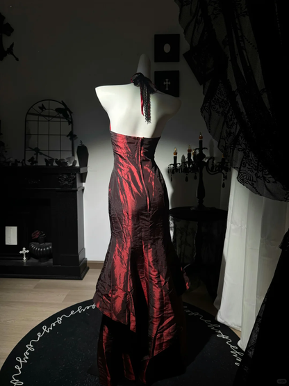 Vintage Burgundy Strapless Satin Beaded Mermaid Evening Dress Long Prom Gown D3732