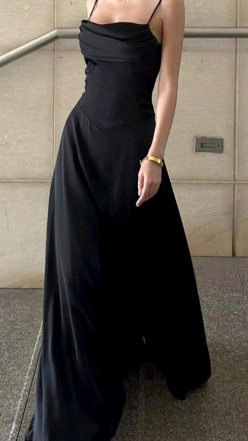 Fashion Spaghetti Straps Black Satin A Line Long Wedding Guest Dress Birthday Party Dress D1589