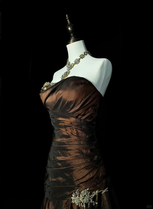 Vintage Brown Strapless Beaded Satin Mermaid Long Wedding Guest Dress Birthday Party Dress Evening Gown D1913