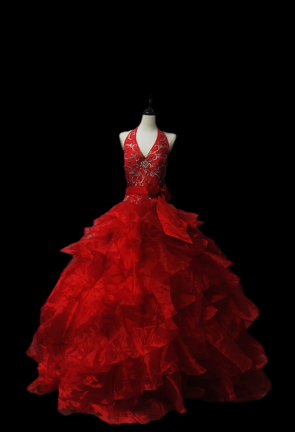 Vintage Halter Red V Neck Tulle Pleated Beaded Ball Gown Formal Quinceanera Dress D1102