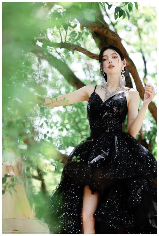 Sparky Black Spaghetti Straps Tulle Sequin Layered Long Birthday Evening Dress Party Dress D2427