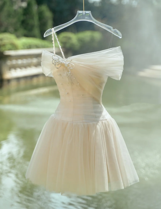 Beautiful White one Shoulder Tulle Pearls A Line Homecoming Dress Birthday Outfits S390