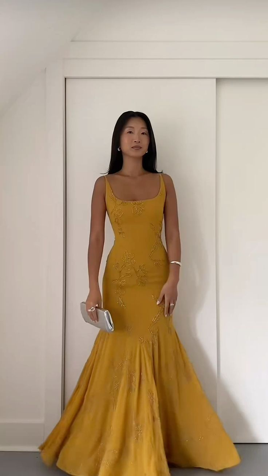 Vintage Spaghetti Straps Yellow Satin Mermaid Evening Dress Long Prom Gown D859