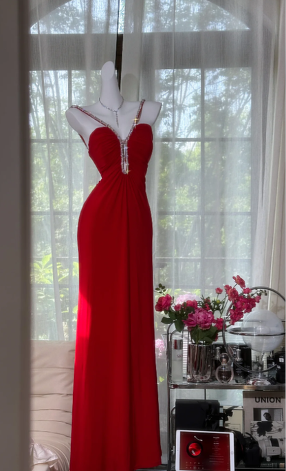 Charming Red Spaghetti Straps Chiffon Beaded Mermaid Evening Dress Backless Long Prom Gown D1249