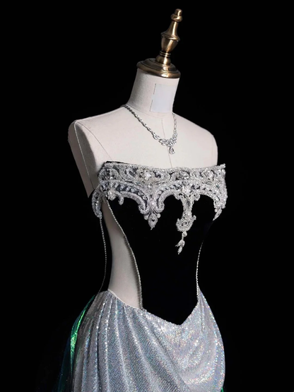 Fashion Strapless Mermaid Long Prom Dress Silver Sequin Green Tulle With Beaded Long Evening Dress D4852