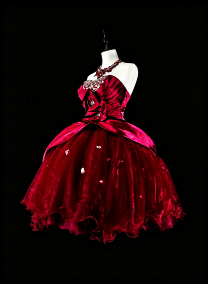 Pretty Red Tulle Satin Beaded A Line Short Homecoming Dress,Strapless Mini 17th Birthday Outfits D4039