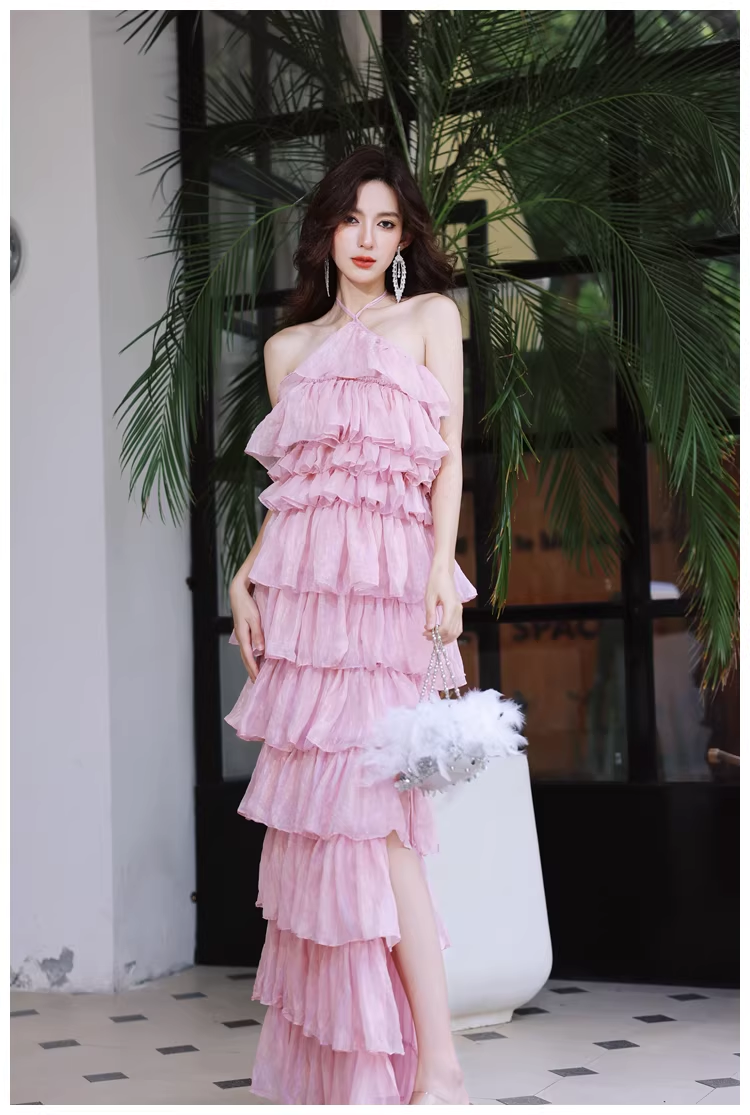 Pretty Pink Halter Chiffon Ruffle Layered Slit Long Birthday Prom Dress Evening Gown D2456